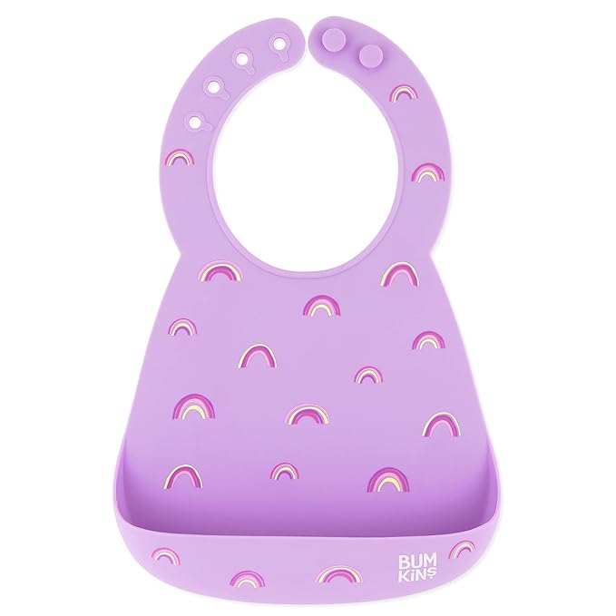 Bumkins Bibs, Silicone Pocket for Babies, Baby Bib for Girl or Boy, for 6-24 Months Up to Toddler, Essential Must Have for Eating, Feeding, Baby Led Weaning Supplies, Mess Saving, Rainbows Purple