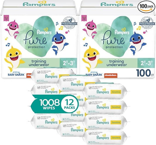 Pampers Pure Pants 2T3T (2 x 100 Count with Sensitive Water Based Baby Wipes, 12X Pop-Top Packs (1008 Count)