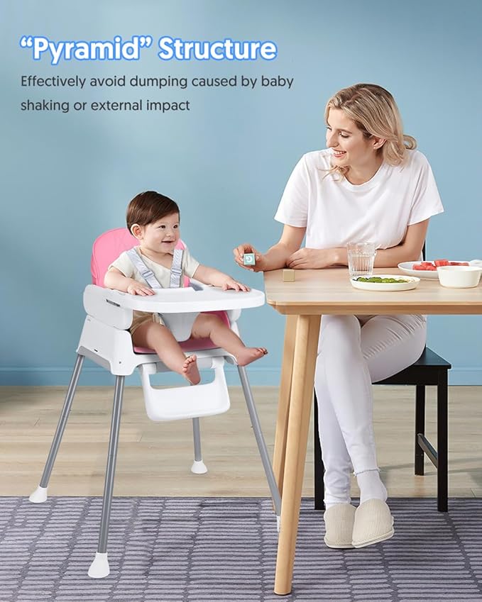 3-in-1 Baby High Chair, Adjustable Convertible Infant Baby Feeding Chair Booster for Eating with Detachable Tray, 5-Point Harness, Pink