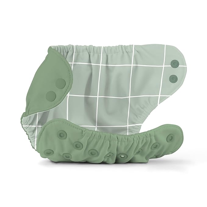 Esembly Cloth Diaper Cover - Reusable Swim Diaper, Waterproof, Breathable - Adjustable Outer Layer Over Absorbent Inner for Blowout Protection - Aloe, Size 2 (18-35lbs)