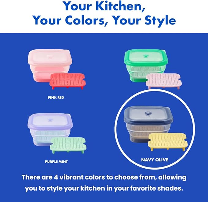 PushLock Collapsible Food Storage Container&Smart Cooking Steam Tray, Space-Saving, Platinum Silicone, Microwave&Freezer&Dishwasher Safe, for Cooking&Leftovers, BPA-Free, 60oz per Unit (NAVY&OLIVE)