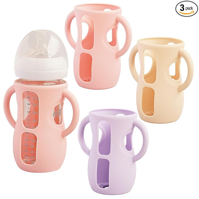 3 Pack Silicone Sleeves for Avent Natural Glass Baby Bottles, Anti Breakage Baby Bottle Holder, Compatible with Philips Avent Glass Natural Baby Bottle (Cute Pink+Light Purple+Beige, 8 OZ)