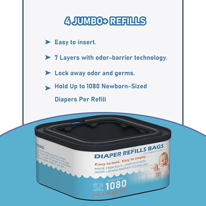 Jumbo+ Square Refills Disposal Bags Refill Compatible with Diaper Genie Classic, Compact and Select Pails, Hold Up to 1080 Newborn-Sized Diapers Per Refill, 3 Pack