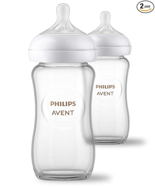 Philips Avent Natural Glass Baby Bottles with Natural Response Nipples (Medium Flow, Flow 3), 8oz, 2-Pack, SCY913/02