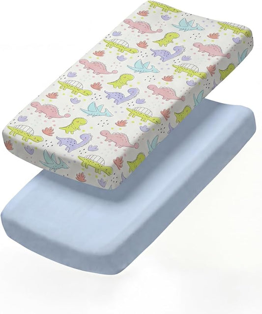 Changing Pad Cover - Pack of 2 Soft Unisex Diaper Change Microfiber Table Sheets - Fits 32"x16" Contoured Pad - Changing Pad Cover for Baby Boys and Girls - Snug, Machine Washable - Oeko-Tex, Dinos