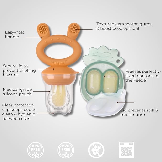 Haakaa Freeze-N-Feed Mini Combo with Silicone Food Feeder & Silicone Mini Nibble Tray|Baby Solid Food Self Feeder|Breastmilk Popsicle Mold Storage & Feeder for Soothing Baby Gums 1 PK