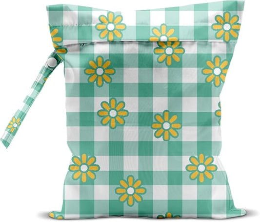 Wet Bag, Wet Dry Bag, Waterproof Swim Bags, Machine Washable Reusable Bags for Beach, Pool, Diapers, and Dirty Yoga Gym Clothes(Little Daisy & Green Gingham Design)