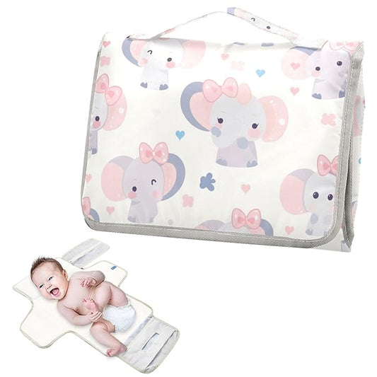 Reusable Diaper Change pad with Tissue Pocket Diaper Changing pad Travel with Built-in Pillow- Pastel Color Elephants
