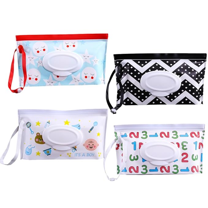 4PCS Baby Wipes Dispenser Travel Baby Wipe Holder Portable Wet Wipe Dispenser Bag Reusable Travel Baby Wipes Container Refillable Wet Wipe Carrying Case Holder Wet Wipe Pouch
