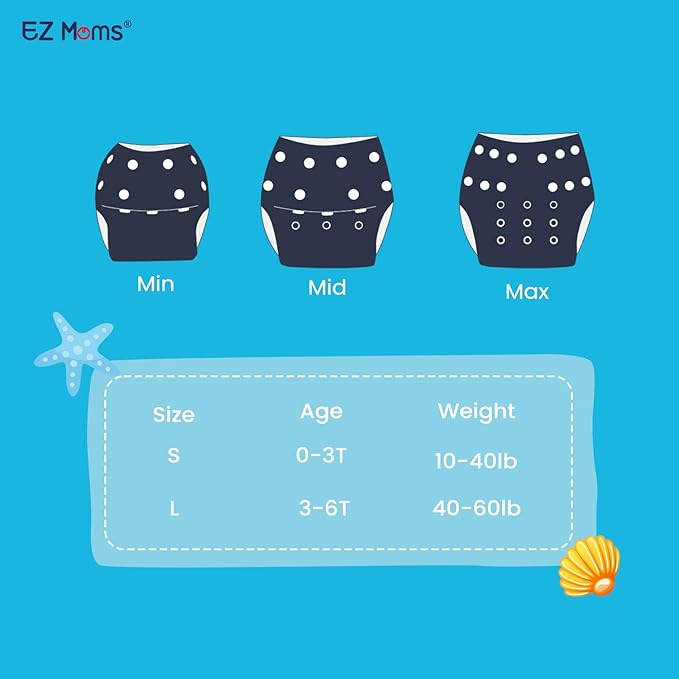 EZ Moms Baby Swim Diapers Reusable 2Pcs Large Size Snap Adjustable Washable One Size Toddler Swim Diaper with a Shammy Towel for Baby Boy Water Diaper Waterproof Swimming Diapers for Swimming Lessons