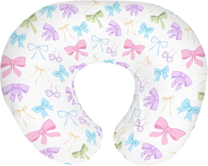 Spring Pastel Bows Baby Nursing Pillow Covers for Boy Girl Colorful Rainbow Bows Nursing Pillow Slipcovers for Breastfeeding Pillows Cute Girly Soft Stretchy Removable Covers for Newborn Infant