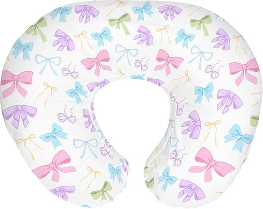 Spring Pastel Bows Baby Nursing Pillow Covers for Boy Girl Colorful Rainbow Bows Nursing Pillow Slipcovers for Breastfeeding Pillows Cute Girly Soft Stretchy Removable Covers for Newborn Infant