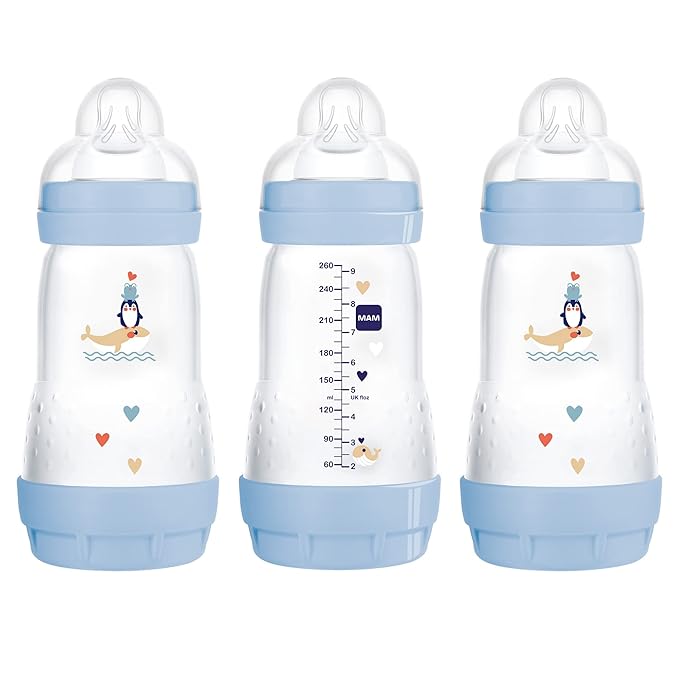 MAM Easy Start Anti-Colic Bottle 9 oz (3-Count), Baby Essentials, Medium Flow Bottles with Silicone Nipple, Blue & Easy Active Baby Bottle, Switch Between Breast and to Clean, 4+ Months