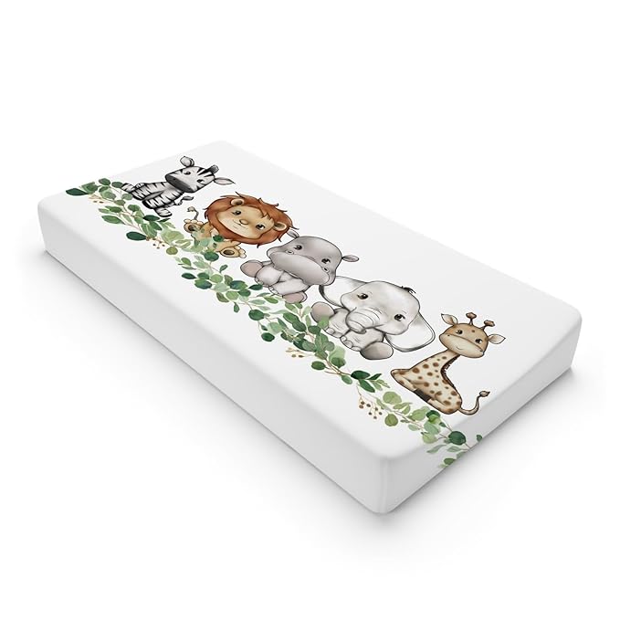 Baby Safari Animals Changing Pad Cover Cute Lion Elephant Giraffe Zebra Hippo Green Eucalyptus Leaves Change Table Pad Cover for Boys Girls Soft Stretch Fitted Diaper Changing Mat Sheets 32''x16''