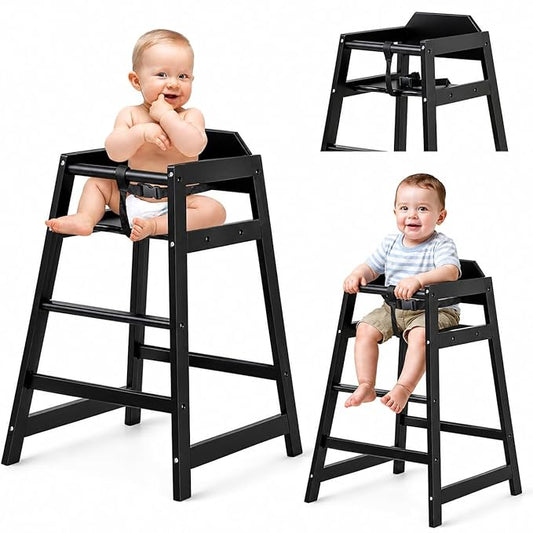 Wooden High Chairs for Babies and Toddlers, Restaurant-Style Stackable High Chair with Commercial Grade Solid Wood for Dining Table & Kitchen, Easy to Clean Baby Booster Seat -Black