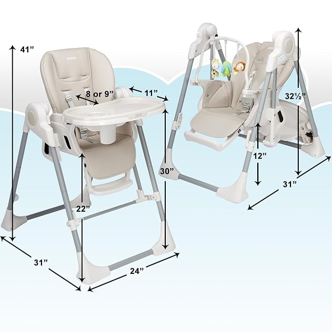 PrimoBaby SnuggleBug 2-in-1 Infant Swing & High Chair, Adjustable Seat Recline, Height, & Feeding Tray, App Control, Music & Nature Sounds, Toy Bar, Ergonomic Cushion, 5 Point Safety Harness