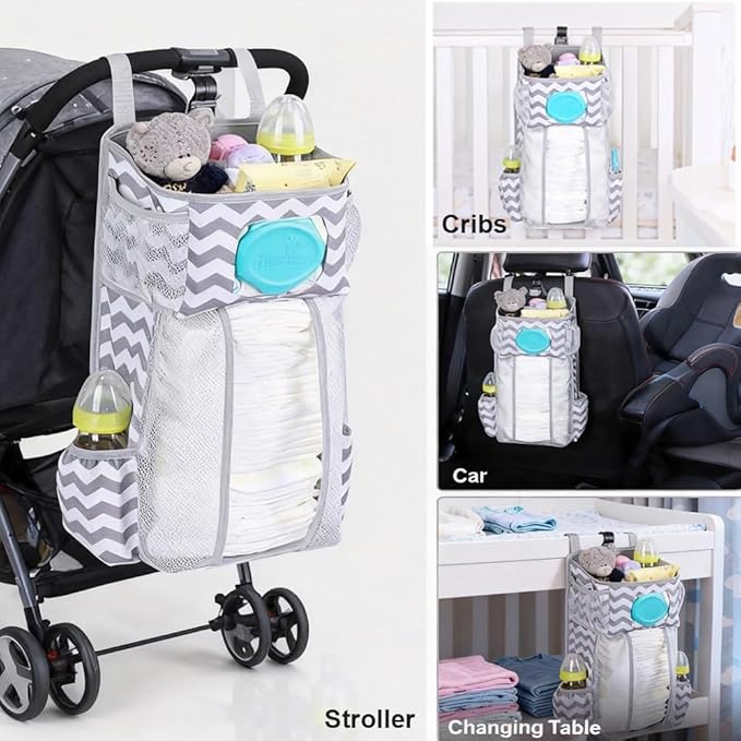 Hanging Diaper Caddy Organizer for Crib, Baby Diaper Holder with 3 Compartments, Water-Resistant Nursery Storage Bag for Changing Table, Playard, Wall, Ripple Grey