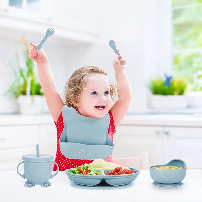 Silicone Feeding Set - Baby Led Weaning Supplies with Plate, Bowl, Bib, Spoon, Fork, Sippy Cup - BPA Free