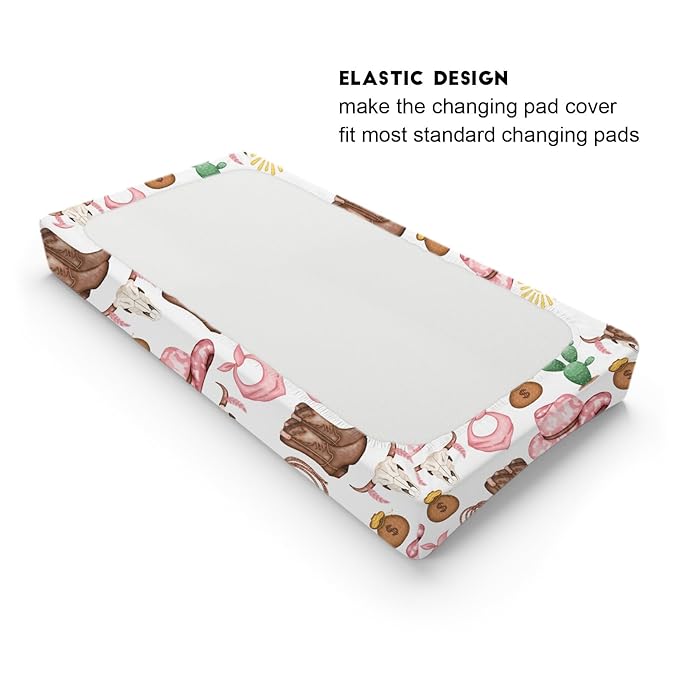 Western Cowgirl Baby Changing Pad Cover for Boys & Girls 32''x16'' Desert Cowboy Hat Boot Sun Cactus Unisex Fitted Changing Table Mats Sheets Soft Breathable Cradle & Bassinet Sheets Pink