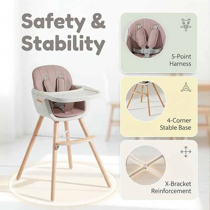 Mallify 3-in-1 Wooden High Chair, Convertible High Chairs for Babies and Toddlers, Baby Highchair with Adjustable Legs & Dishwasher-Safe Tray, Sleek Hardwood & Premium PU Cushion, Pink