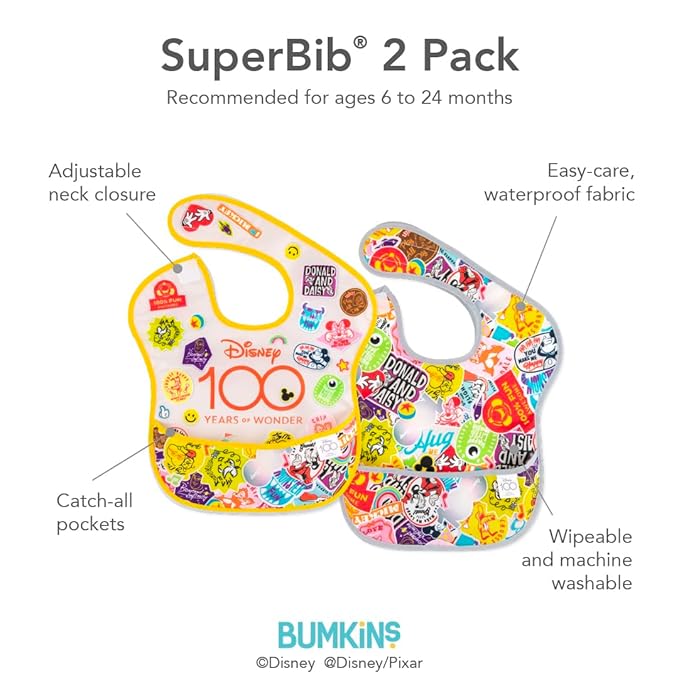 Bumkins Disney Bibs for Girl or Boy, SuperBib Baby and Toddler for 6-24 Months, Essential Must Have for Eating, Feeding, Baby Led Weaning, Mess Saving Catch Food, Fabric, 2-pk 100 Happy Faces