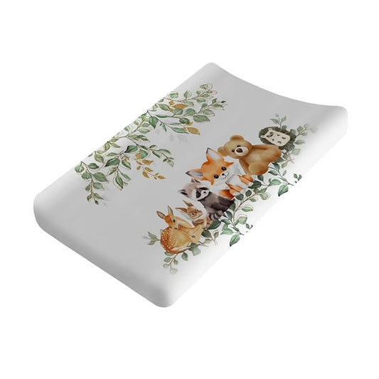 Cute Animals Eucalyptus Leaves Baby Changing Pad Covers Bear Raccoon Deer Rabbit Hedgehog Diaper Change Table Sheets for Boys Girls Soft Stretchy Baby Diaper Changing Table Mat Cover 32''x16''
