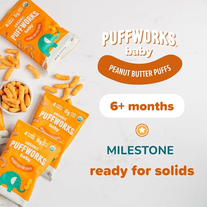 Puffworks Baby Organic Peanut Butter Puffs, Perfect for Early Peanut Introduction, Plant Protein, USDA Organic, Gluten-Free, Vegan, Non-GMO, Kosher, 1.0 Ounce (Pack of 6)