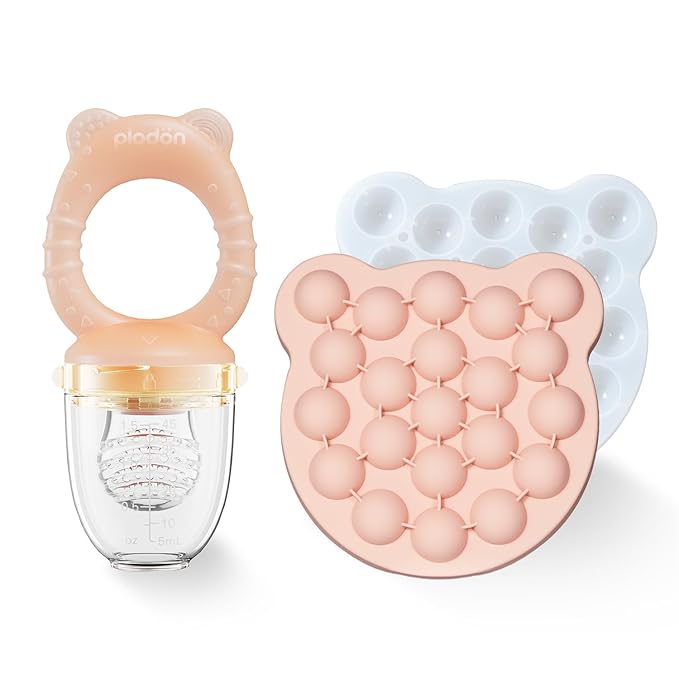 Baby Fruit Feeder& Teether with Freezer Tray Combo, BPA-Free Silicone Food Feeder for 4+ Months, Breastmilk Popsicle Molds for Teething Relief, Dishwasher Safe Baby Food Freezer Tray with Lid