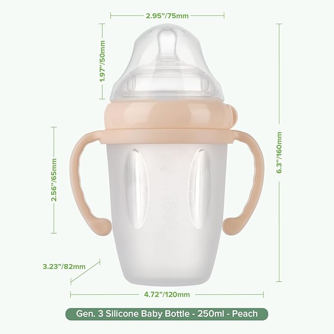 haakaa Gen. 3 Silicone Baby Bottle 250ml /8.4oz – Baby Bottles for Babies 6M+, BPA-Free Breastfeeding Baby Bottle with Natural Latch, Variable Flow Anti-Colic Silicone Baby Bottle– Peach
