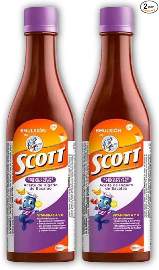 Emulsion de Scott Aceite de hígado de bacalao sabor Frutas Tropicales Pack de 2 de 6.1 fl oz - 180 ml - Suplemento dietético para niños con vitamina A y Calcio -