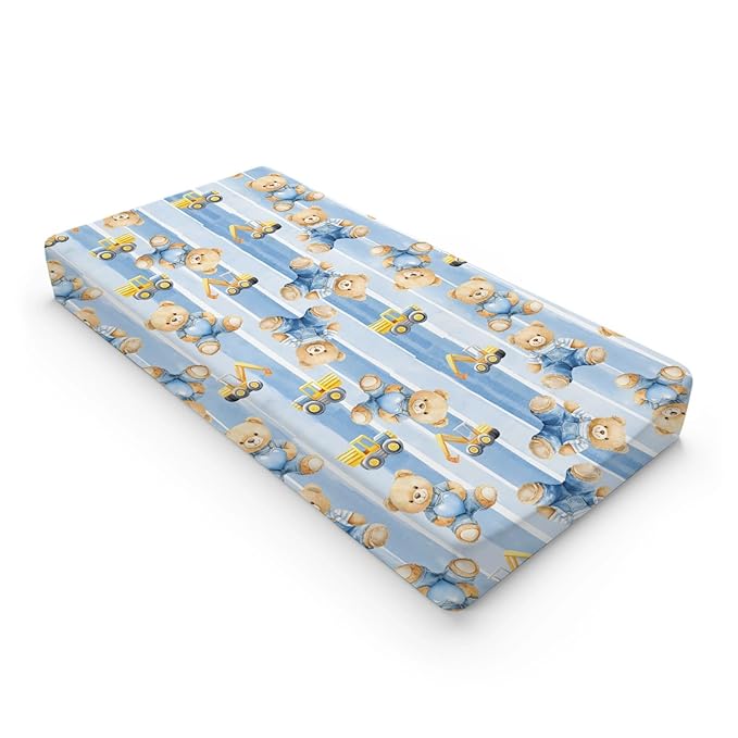 Cute Cartoon Bear Heats Construction Trucks Car Stripes Baby Changing Pad Cover, Unisex Bear Nursery Diaper Changing Table Pad Mat Sheet for Boys Girls-16x32