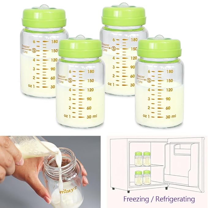 Matyz Glass Breastmilk Storage Bottles, 4-Pack (Green, 6oz Each), Wide Mouth Food-Grade Borosilicate, Leakproof for Spectra Medela Philips Breast Pumps, Travel, Camping
