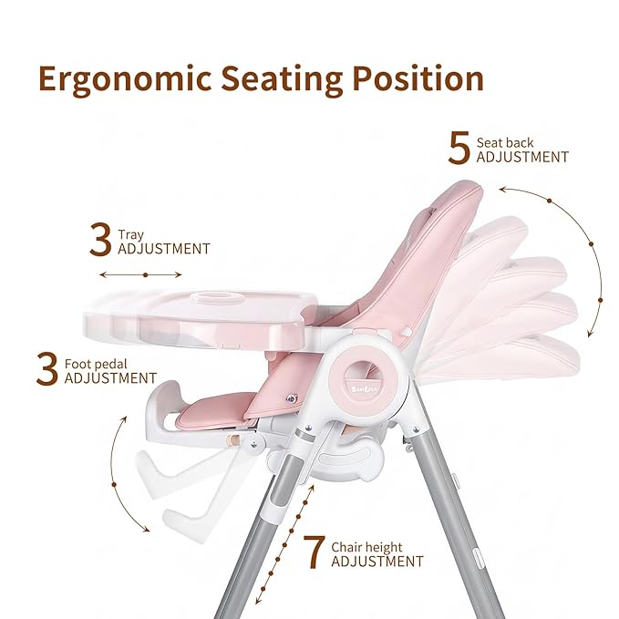 Babilous High Chair, Foldable High Chairs for Babies and Toddlers, Ultra Safe for Infant with Lockable Wheels, Easy Clean, Removable Tray/Adjustable Footrest for Baby Feeding HighChair, Pink