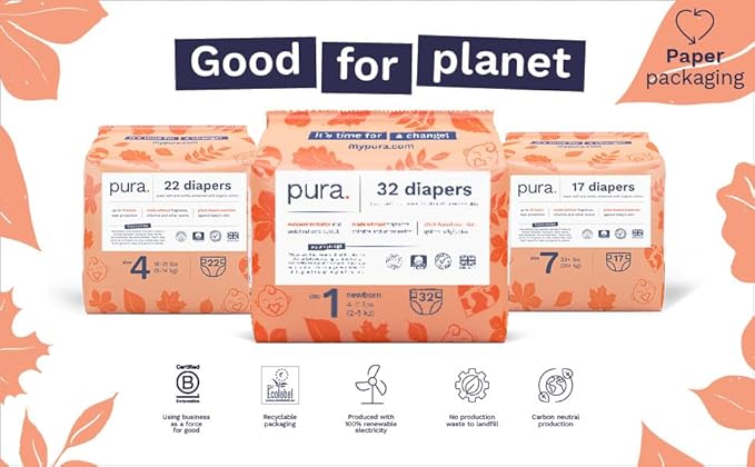 Pura Hypoallergenic Trial Pack Diapers Size 1 (4-11 lbs) + Natural Sensitive Baby Wipes Starter Bundle | Organic Cotton, Chlorine-Free, Fragrance-Free, EWG Verified, for Sensitive & Eczema-Prone Skin