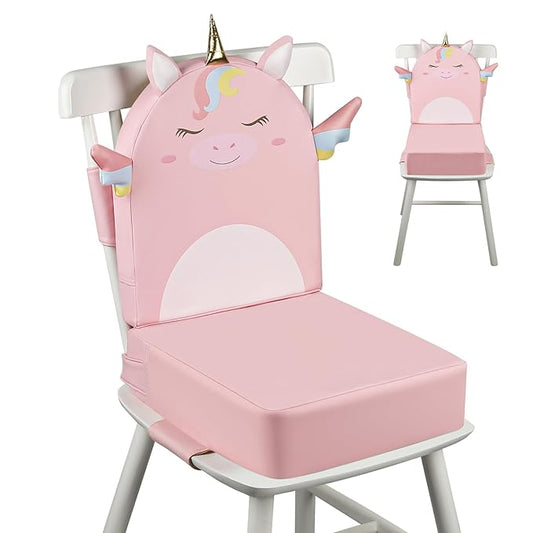Toddler Booster Seat for Dining Table with Backrest, 4inch Non-Slip Kids Booster Seat for Kitchen Chair, PU Waterproof Detachable Increasing Cushion (Pink Unicorn)