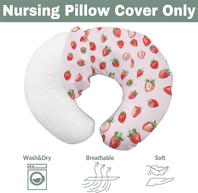 Red Strawberries Baby Nursing Pillow Covers for Boy Girl Watercolor Strawberries Fruit Nursery Slipcovers for Breastfeeding Pillows Sweet Summer Pink Soft Stretchy Removable Covers for Newborn Infant