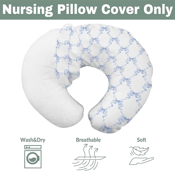 Blue Bows Ribbon Baby Nursing Pillow Covers for Boy Girl Pastel Blue Ribbons Nursing Pillow Slipcovers for Breastfeeding Pillows Watercolor Bows Soft Stretchy Removable Covers for Newborn Infant