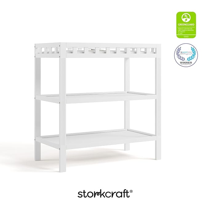 Storkcraft Morningside Changing Table (White) – GREENGUARD Gold Certified Baby Changing Table, Includes Waterproof Diaper Changing Pad, Easy 30-Minute Assembly, 2 Open Shelves for Storage