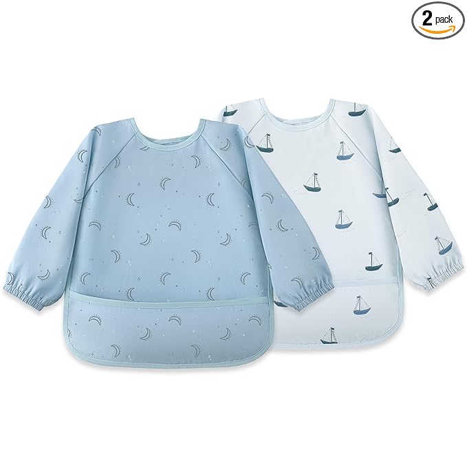 Susurration Baby Long Sleeve Bib 2 Pack Waterproof Sleeved Bib Smock for Baby, Baby Reusable Feeding bibs, 6-36 Months Baby Feeding Essentials - Blue Boat
