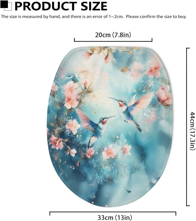 Hummingbird with Flower Toilet Lid Covers Soft Flannel Fabric Bathroom Dust Covers Elastic Bottom Soft and Breathable Seat Covers Toilet Seat Cover Set Universal for Most Toilet Bowl Lids