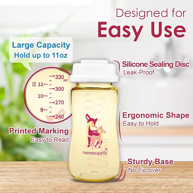 Nenesupply 11oz / 330ml 3 pc Wide Mouth PPSU Breastmilk Storage Bottle Breast Pump Bottles Pumping with Spectra S1 S2 Breast Pumps. Replace Glass Spectra Bottles Breastmilk Collection Sealing Disc