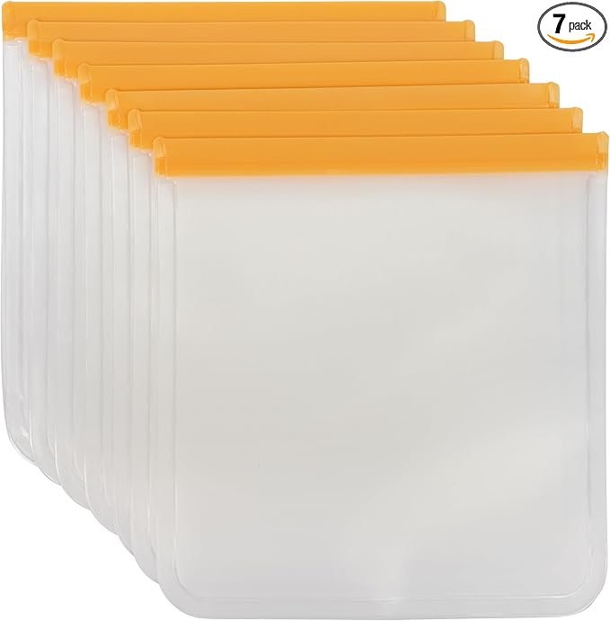 Reusable Freezer Bags Large (7ct, 1 Gallon, Orange), Airtight Seal, Easy-Clean Similar to Silicone Snack Bags, Transparent Design