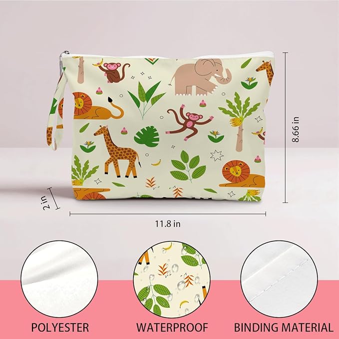 Wet Dry Bag, Wet Bag for Swimsuit, Diaper Sunscreen Large Zipper Pouch Waterproof Pouch, Beach Bags for Women, Gifts for Ladies Girls Friends Colleagues and Sisters, Patterns of Monkeys Elephants etc.