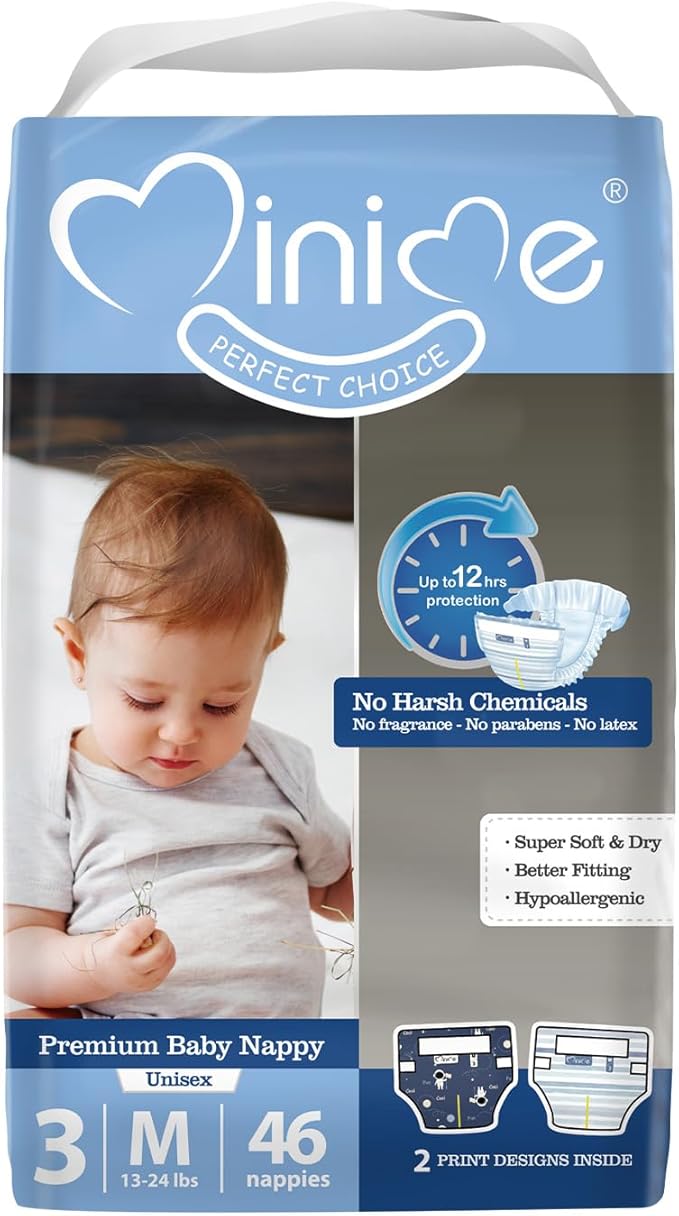 Minime Baby Diapers - Size 3 (13-24 lbs), Medium, 46 Count, Premium Ultra Soft Disposable Baby Diapers, Hypoallergenic, Fragrance Free