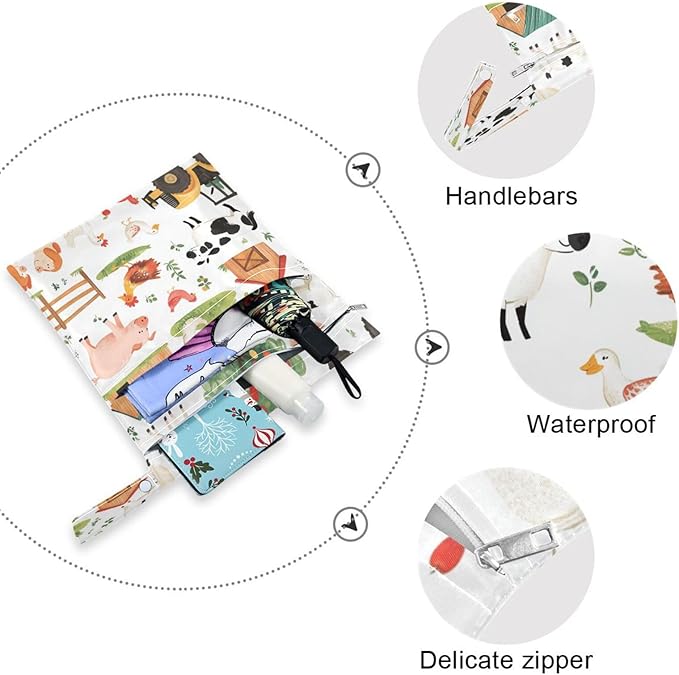 Kigai Farm Animals Wet Bag with Zippered Pockets 2pcs Waterproof Reusable Wet Dry Bag for Cloth Diaper, Baby Items, Swimsuit & Travel