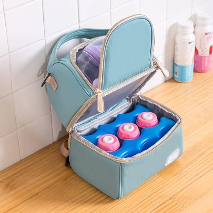 Breastmilk Bottles Cooler Bag with Ice Pack,Nylon Breast Pump Bag Backpack with Cooler Compartment,Double Layer Breast Pump Carrying Bag for Nursing Moms,Fits 6 Bottles Up to 9 Ounces