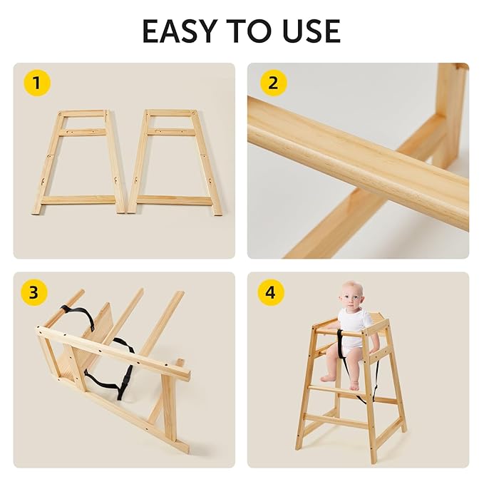 4 Pack Wooden High Chairs for Babies and Toddlers, Restaurant-Style Stackable High Chair with Commercial Grade Solid Wood for Dining Table & Kitchen, Easy to Clean Baby Booster Seat -Natural