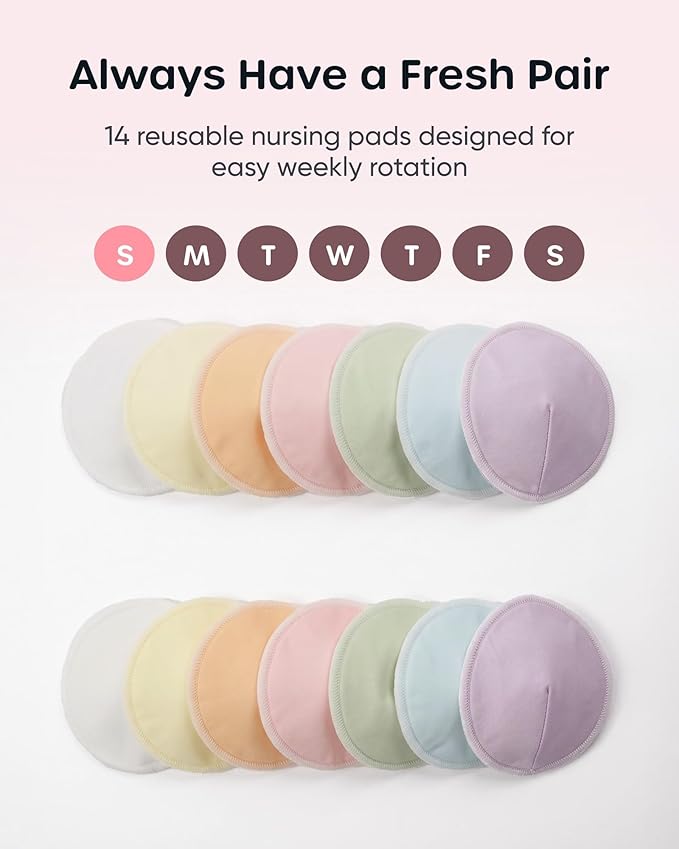 Nuliie Reusable Nursing Pads 14 Pack (7 Pairs), Contour Cup Shape for Better Coverage, Ultra Thin Breast Pads for Leaking Milk, Washable Breastfeeding Pads with Laundry Bag & Wet Bag