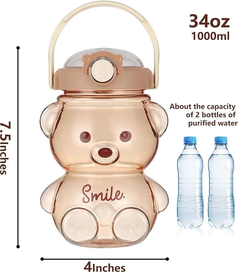Kawaii Bear Straw Bottle,Leak-Proof Water Bottle with Adjustable & Removable Shoulder Strap for Boy and Girls (coffee)