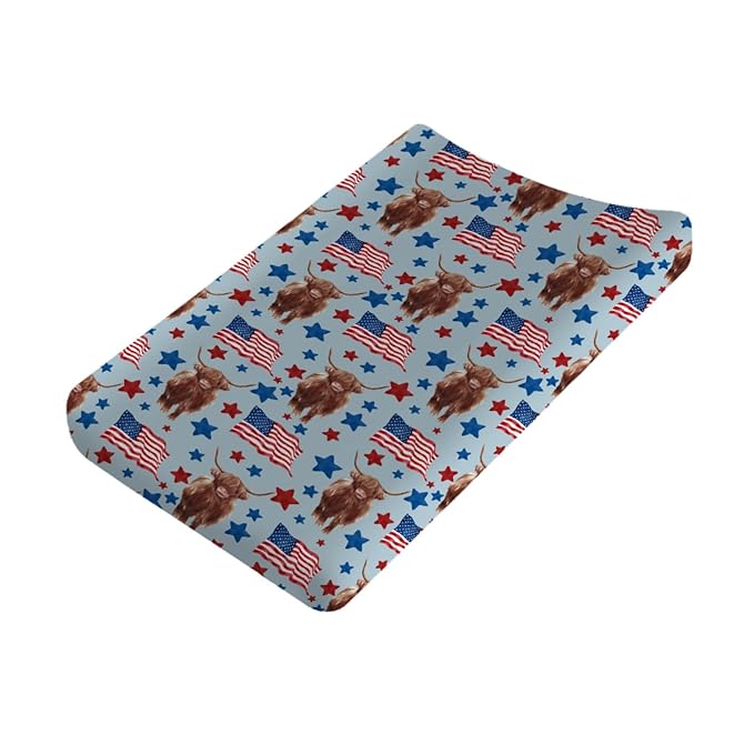 Highland Cows American Flag Changing Pad Covers Highland Yak Stars Stripes Diaper Change Table Sheets for Baby Girls and Boys Soft Stretch Changing Table Mats Cover 32''x16''